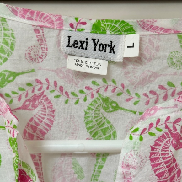 Lexi York Cotton Tunic Swim Cover Up White Pink Green Seahorse Print Large - Picture 3 of 8